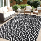 OLANLY Outdoor Rug 9x12 ft Waterproof, Outdoor Plastic Straw Rug with Geometric Pattern Clearance, Reversible RV Mat for Patio, Camping, Balcony, Deck, Backyard, Black & White