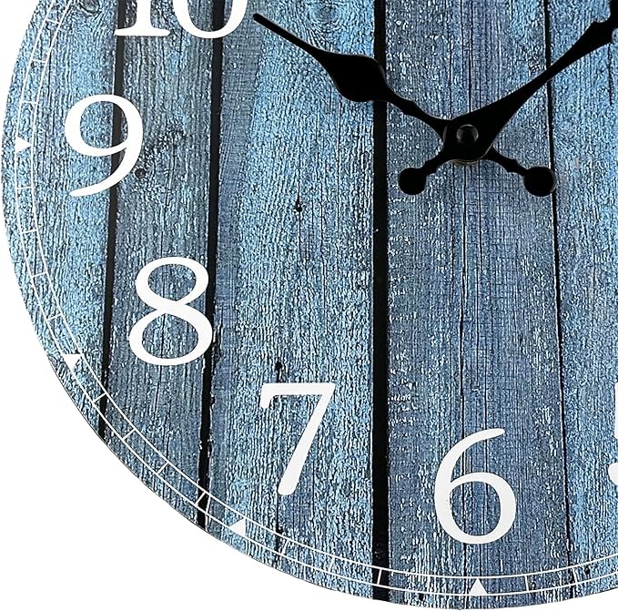 Plumeet Wall Clock, 12'' Frameless Wooden Wall Clocks with Silent Quartz Movement, Rustic Coastal Country Village Clocks Decorative for Kitchen Bedroom Living Room, Blue