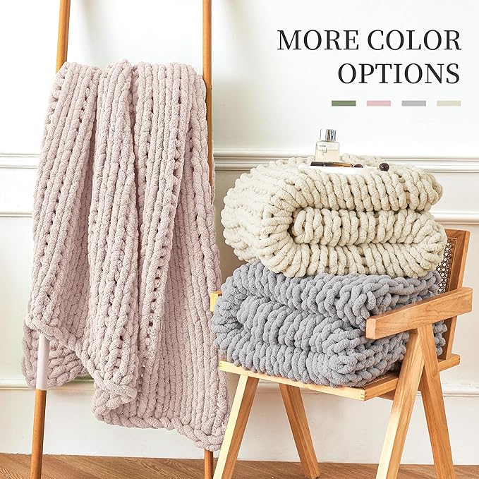 Admitrack Chunky Knit Blanket Throw, 100% Hand Knit Chenille Throw Blanket for Sofa & Home Decor, Soft and Cozy Knitted Throw Blankets (Pink，51"x63")