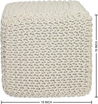 REDEARTH Square Pouf Ottoman Foot Stool - Hand Knitted Bean Bag - Cord Boho Pouffe - Accent Poof for Living Room - Nursery - Bedroom - Kids Bedroom - Patio - 100% Cotton (16" x 16" x 16") - Ivory