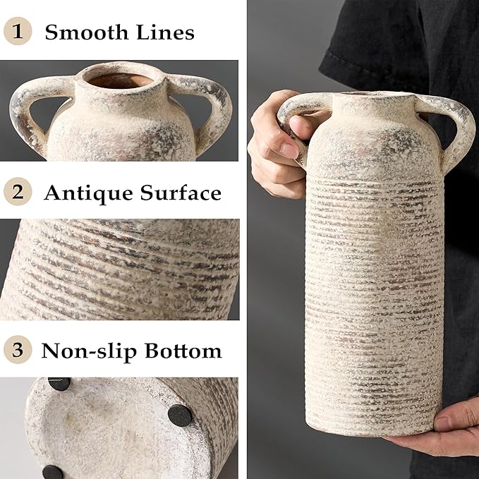 Ceramic Rustic Vase for Home Decor, Terracotta Vase with Handles, Handcrafted Vintage Decorative Flower Vase for Farmhouse, Living Room, Table, Fireplace, Nightstand
