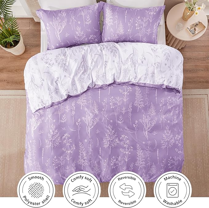Love's cabin Lavender Comforter Set Queen - Queen Size Comforter Set, 3 Pieces Cute Floral Bedding Sets for All Seasons,1 Soft Reversible Botanical Flowers Comforter and 2 Pillow Shams