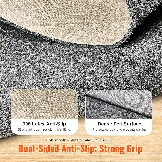 VEVOR - Slip-Resistant Rug Pad - Protective Cushioning Carpet Pad - 5' x 8' - 1/4" Thick - Dual Surface - Polyester Felt + Latex - Gray - 3-4㎡ Area Carpet Padding Rug Cushion Safe for All Floors