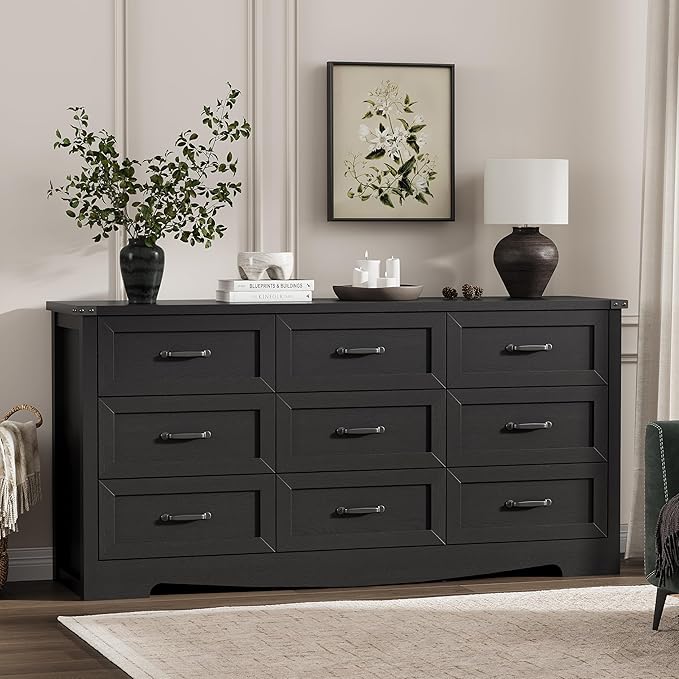 Dresser for Bedroom with 9 Drawers, 59" Wide Modern Chest of Drawers with Deep Drawers & Mental Handle, Wood Dresser TV Stand, Wooden Closet Storage Organizer for Living Room, Hallway, Entryway, Black