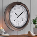 CLXEAST 18 Inch Illuminated Outdoor Indoor Atomic Analog Wall Clock with Temperature & Humidity, Lighted Outdoor Clocks for Patio Large Waterproof with Thermometer,Bronze Finish,House Warming Gifts