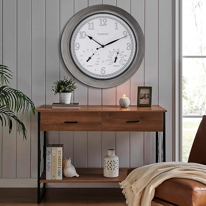 CLXEAST 18 Inch Farmhouse Illuminated Outdoor Atomic Wall Clock with Thermometer & Hygrometer Combo, Night Lighted Wall Clock with Smart Sensor, Weather Stations,Brushed Grey Oak Finish