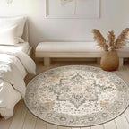 GENIMO 6FT Round Area Rugs for Living Room, Circle Rugs Machine Washable Low Pile, Chenille Non Slip Vintage Rug for Bedroom, Dining Room, Home Office, Light Taupe Brown