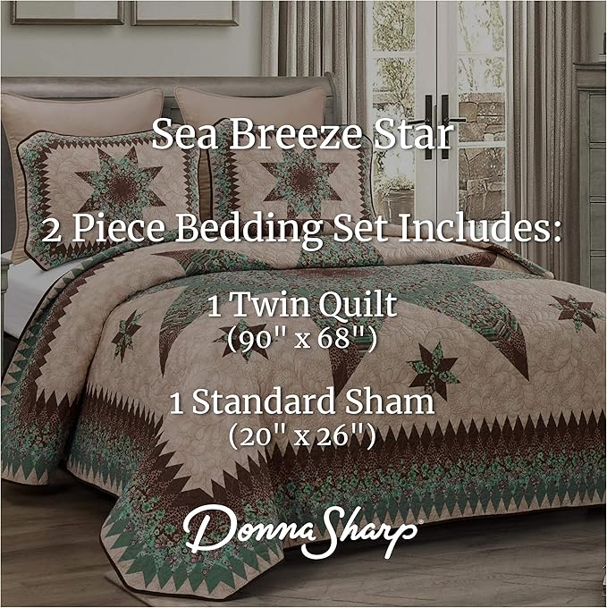 Donna Sharp Contemporary Polyester Quilt Set - Sea Breeze Star - 2-Piece Twin Size Quilt Set, Includes Quilt, and Pillow Sham Perfect for Coastal and Souhtwest Decor