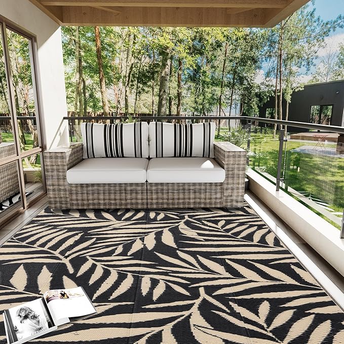 OLANLY Waterproof Outdoor Rug 9x12 ft, Reversible Outdoor Plastic Straw Rug with Leaf Pattern, RV Mat, Indoor Outdoor Carpet for Patio, Camping, Balcony, Deck, Backyard, Black & Beige