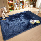 AMTOVO Faux Fur Sheepskin Rug for Living Room, 4 x 6 ft Dark Blue Fluffy Area Rug for Bedroom, Playroom, Luxury Room Decor, Rectangle