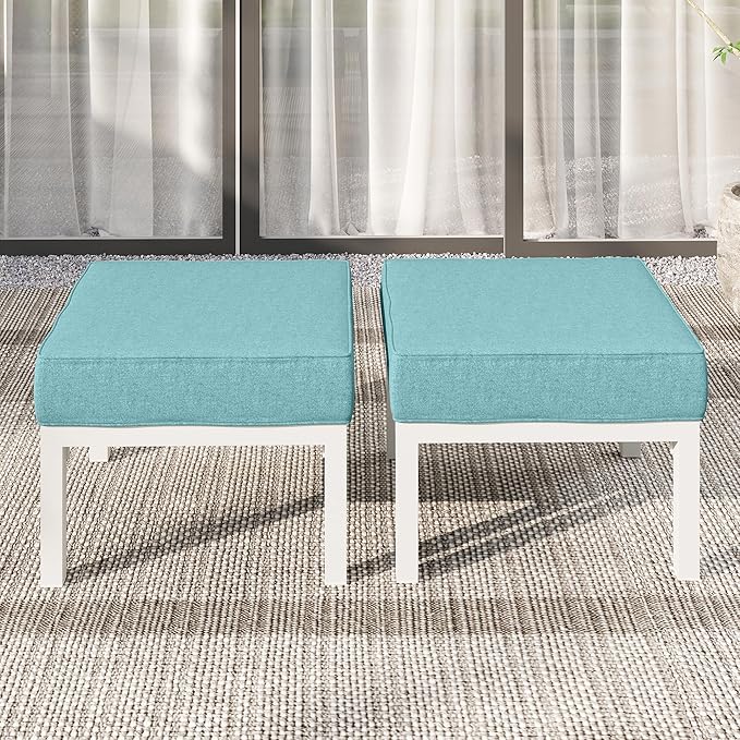 Solaste Outdoor Footstools Patio Ottoman Set of 2, Aluminum All-Weather Outdoor Footrest Seat with Removable Cushions, Patio Furniture Ottomans for Garden, Backyard, Poolside-White