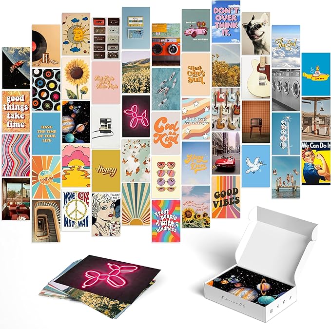 Y2K BOO Hippie Aesthetic Wall Collage Kit – 50 Multicolor Boho Retro Photos, 4"x6" Semi-Gloss Prints for Teen Girls Dorm Room Decor, Vintage 70s Wall Art, Birthday & Graduation Gift