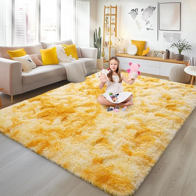 6x9 Fluffy Fuzzy Area Rug for Living Room Bedroom, Ultra Soft Large Living Room Rugs, Non Slip Thick Shag Rug for Dorm, Kids Girls Boys Rug for Home Decor Aesthetic, Tie-Dyed Yellow