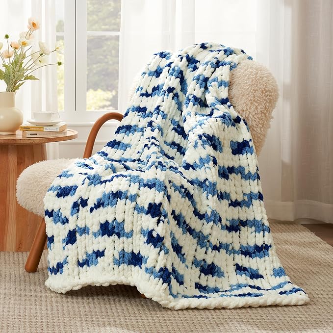 Amélie Home Chunky Knit Throw Blanket for Couch, Soft Chenille Crochet Blanket for Sofa, 50"x60", Space-Dyed Blue Striped