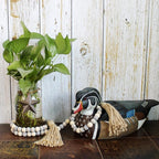 CVHOMEDECO. Wood Beads Garland with Tassels Farmhouse Rustic Wooden Prayer Bead String Wall Hanging Accent for Home Festival Decor. Grey Mix Distressed