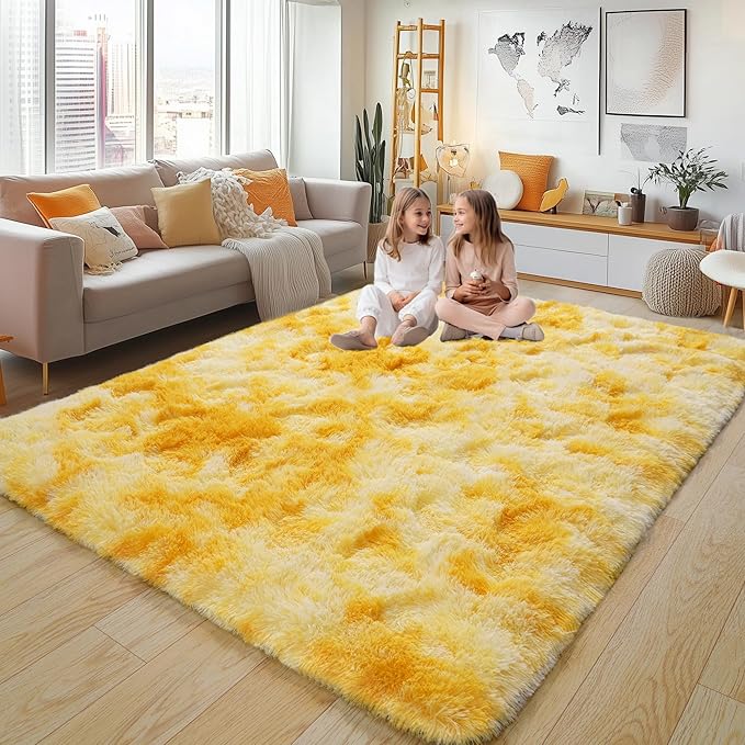 9x12 Large Area Rugs for Living Room, Ultra Fluffy Plush Rug for Living Room Bedroom, Thick Fluffy Carpet for Girls Boys Kids Room, Non Slip Dorm Rug for Home Decor Aesthetic, Tie-Dyed Yellow