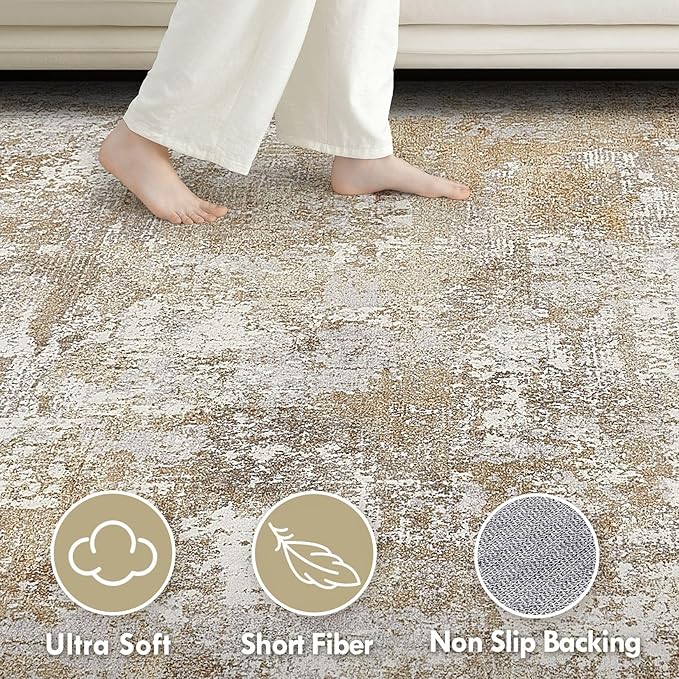 Tortania Washable 8' Round Area Rug for Living Room: Modern Abstract Neutral Large So' Thin Rugs - Non Slip Indoor Carpet for Bedroom Dining Room Office Nursery Home Floor Decoration - Brown Grey