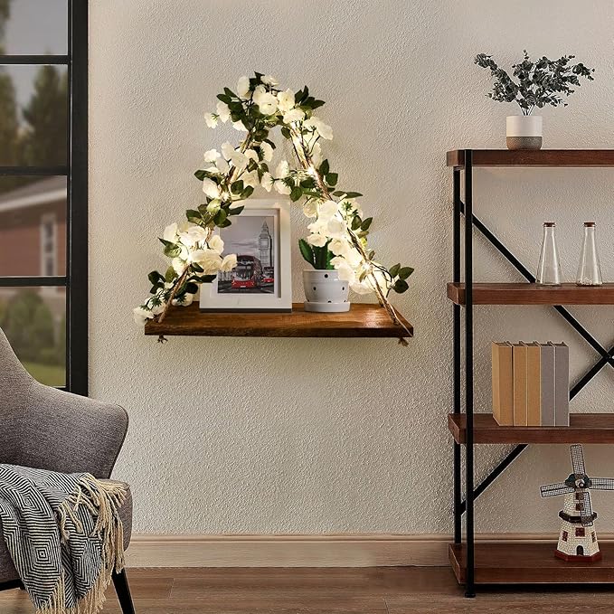 Floating Shelves for Wall,Plant Wall Decor,Hanging Shelf,Cottage Core Decor,Room Decor Aesthetic,Boho Room,Adhesive Shelves,Floating Shelves for No Drilling,Two-Piece Set(White Flower)