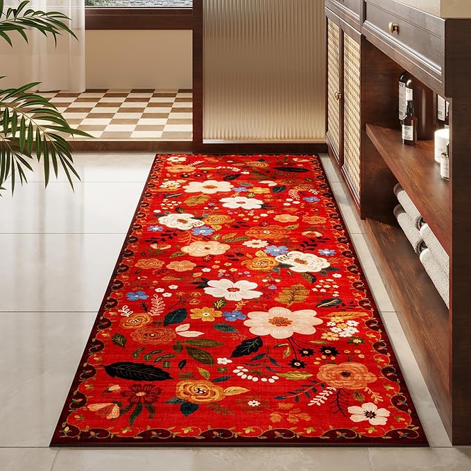 Runner Rug for Hallways Kitchen Rug Non Slip 2'6''x8' Washable Runner Rugs with Rubber Backing Soft Floral Carpet Runner for Hallways, Kitchen, Laundry, Bedroom, Bathroom(Red)