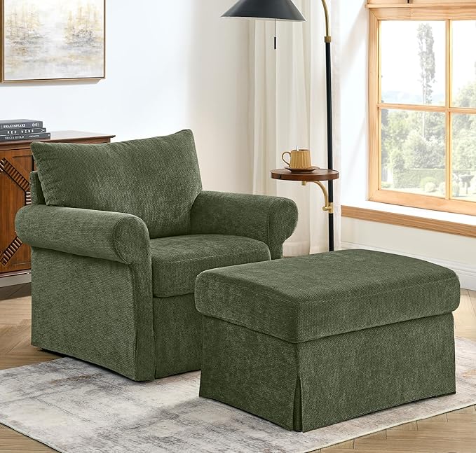 35.82” Accent Chair with Ottoman Upholstered Living Room Chairs for Reading Chair with Chaise Lounge Chairs Indoor, Comfortable Armchair for Bedroom (Green, 35.82")