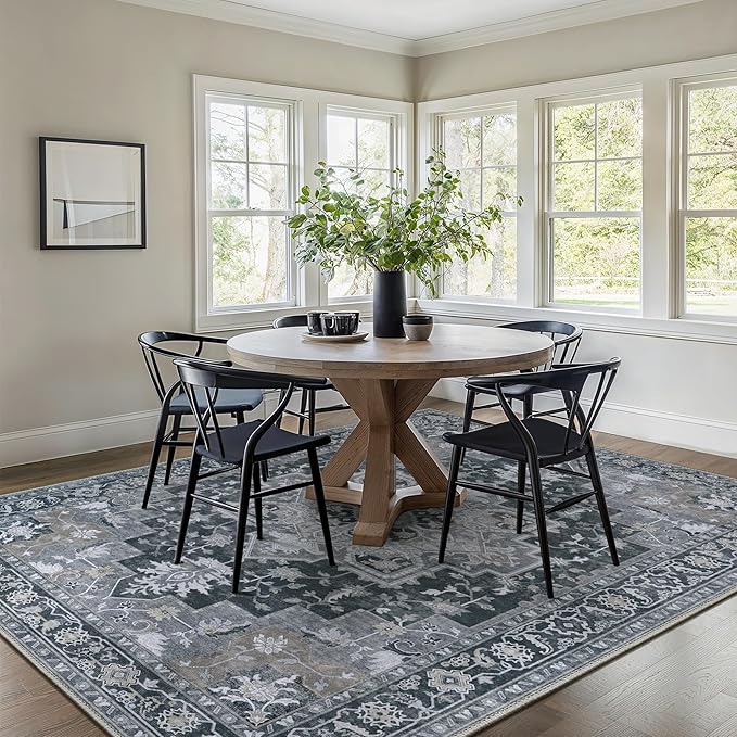 GENIMO 8x10 Area Rugs for Living Room, Machine Washable Non Slip Vintage Rugs, Low Pile Lightweight Chenille Print Rug for Bedroom, Dining Room, Home Office,Dark Gray