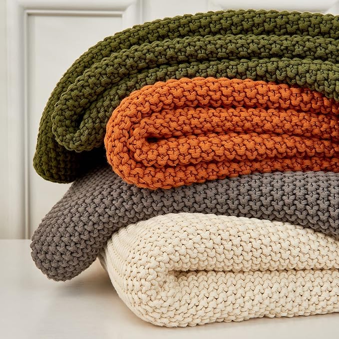 Longhui bedding Chunky Cable Knit Throw Blanket Lightweight Grey 100% Organic Cotton Blanket for Sofa Couch Bed Baby Nursery, Rustic Shabby Chic Modern Farmhouse, Gray 51” x 63” Give Laundering Bag