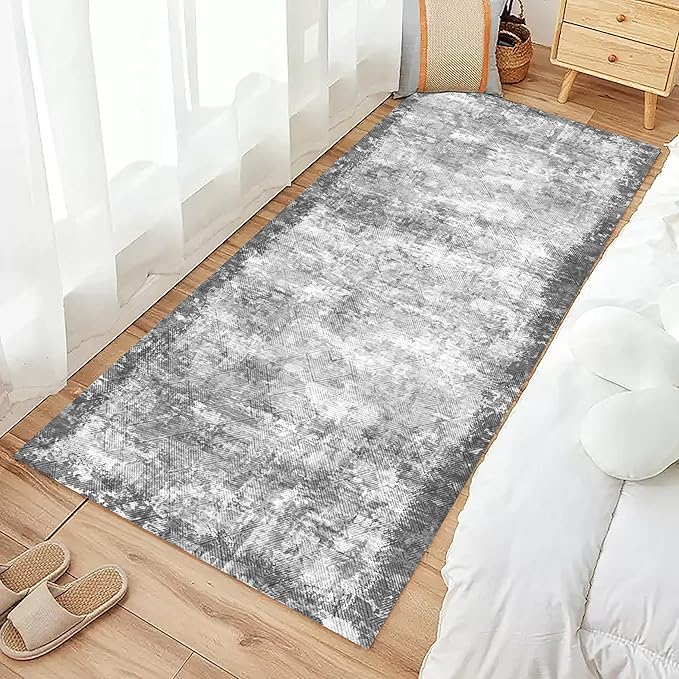 2'6'' x 8' Washable Area Rug - Low Pile Soft Vintage Indoor Rug for Living, Dining or Bedroom - Lightweight Carpet with Non-Slip Backing - Foldable for Easy Placement, Grey
