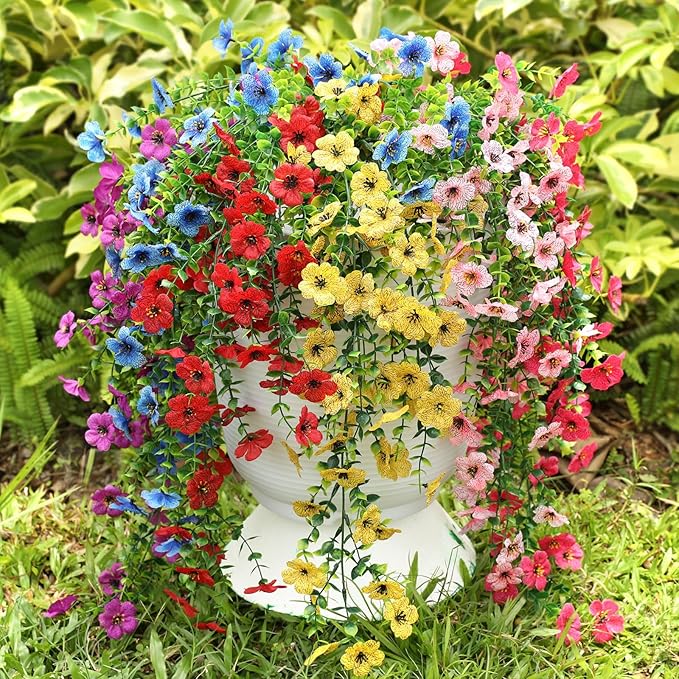 Artificial Hanging Flowers for Outdoors Faux Plants for Spring Summer Decoration,6 Bundles UV Resistant Realistic Silk Flowers Indoor Outside Garden Porch Patio Balcony Yard Farmhouse