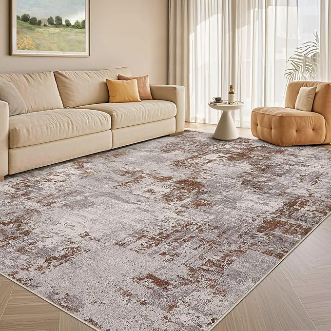 Tortania Washable 7x9 Area Rug for Living Room: Modern Abstract Neutral Large Soft Thin Rugs - Non Slip Indoor Carpet for Bedroom Dining Room Office Nursery Home Floor Decoration - Brown