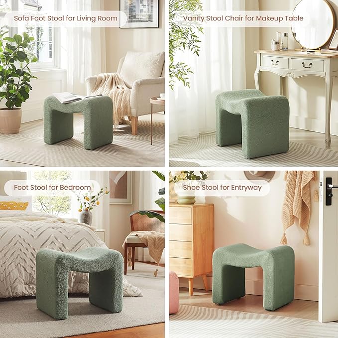 Vanity Stool Foot Rest Small Footstool Ottoman Chair Seating Backless Modern Teddy Velvet Ottoman for Makeup Room Living Room Bedroom Entryway,(Single 1) Green