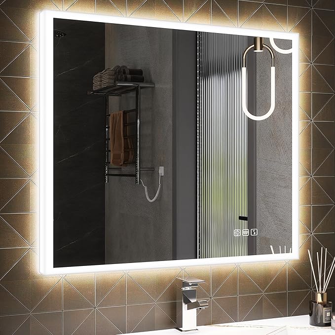 SBAGNO LED Bathroom Mirror with Lights, 32''x28'' 3D Border Bathroom Vanity Wall Mirror with Bluetooth, Anti-Fog, Stepless Dimming, 3 Colors, Tempered Glass Lighted Vanity Mirror for Bathroom