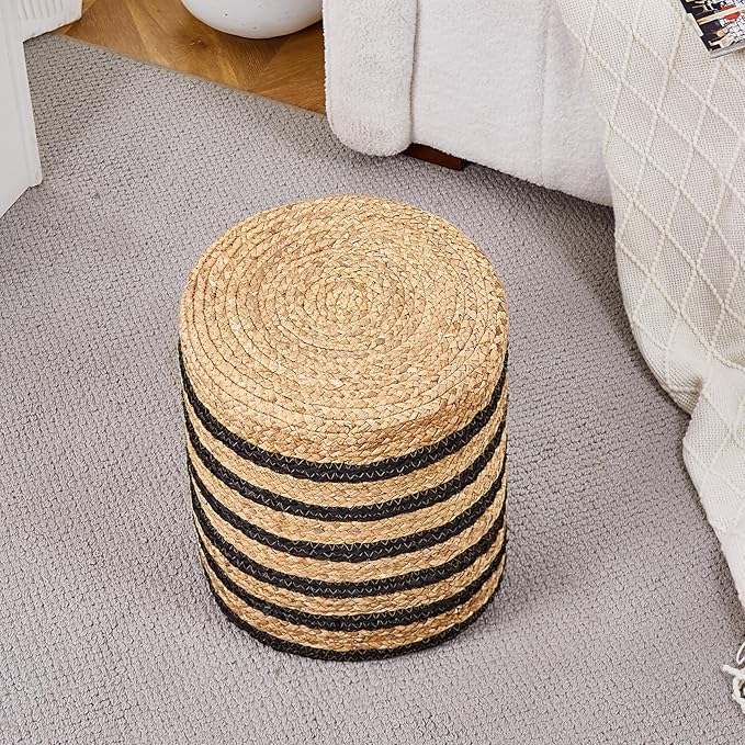 Wimarsbon Ottoman Natural Seagrass Foot Rest Stool Hand Weave Round Foot Stool Pouf Boho Vanity Stools with Non-Skid Mat for Living Room Bedroom Hallway