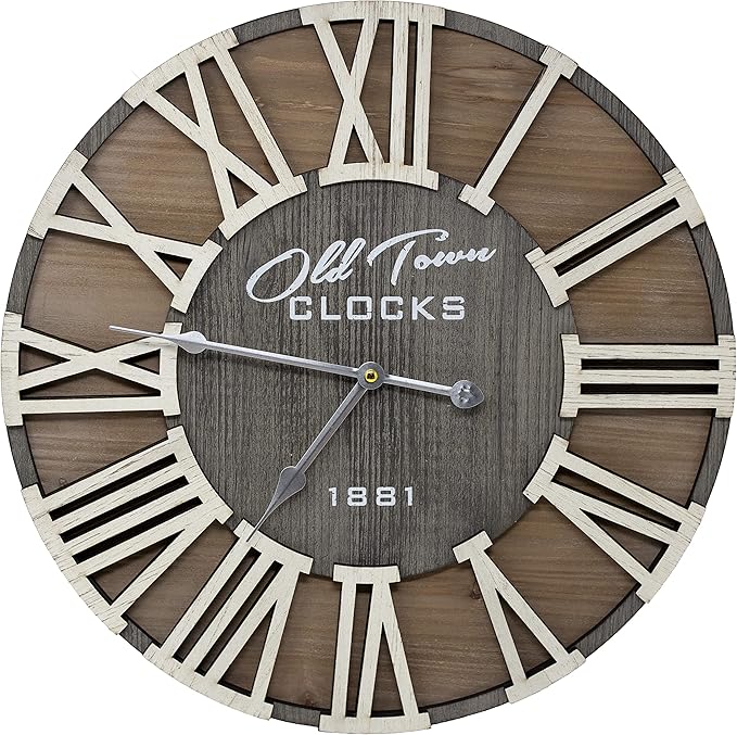 18" Rustic Farmhouse Wash Out Vintage Roman Wooden Wall Clock Silver Hands (Whitewood Lettering, 18 inch)