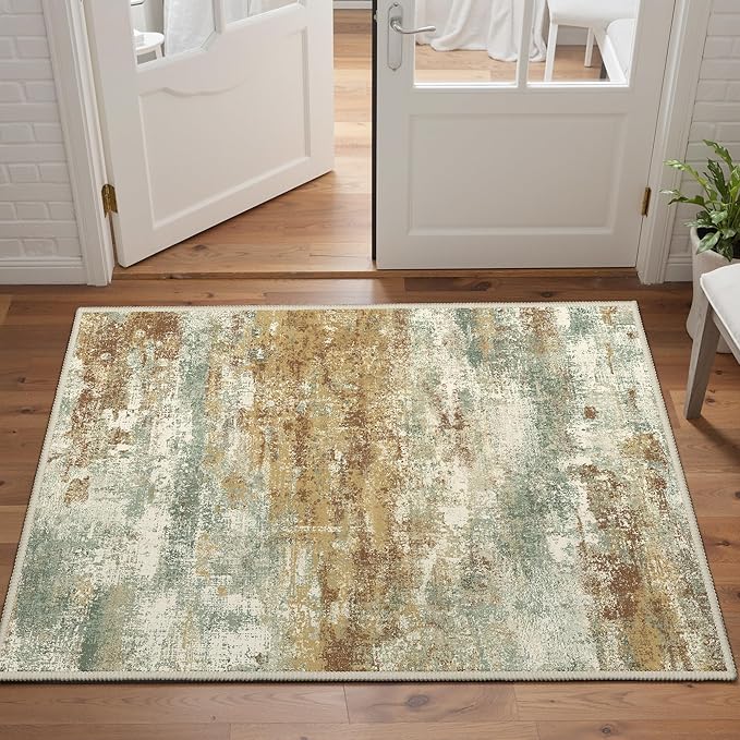 2x3 Rugs for Entryway Entrance Kitchen Bathroom, Machine Washable Modern Abstract Soft Area Rug, Low Pile Indoor Floor Carpet with Non Slip Backing, Orange Green