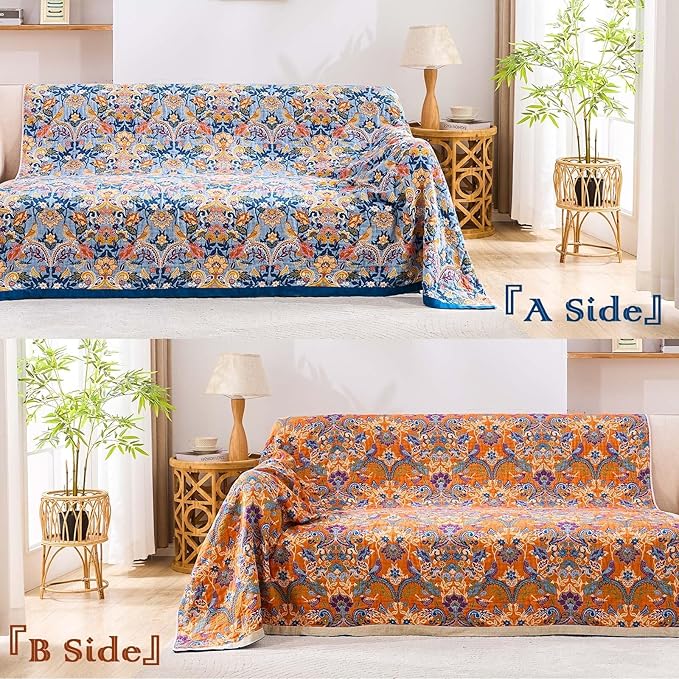 Boho Throw Blanket for Bed, 100% Cotton Soft Rustic Quilt Fall Blanket, 90"x98" Floral Printed Farmhouse Decor Bed Blankets, All Season Rustic Reversible Bohemian Throw Quilt