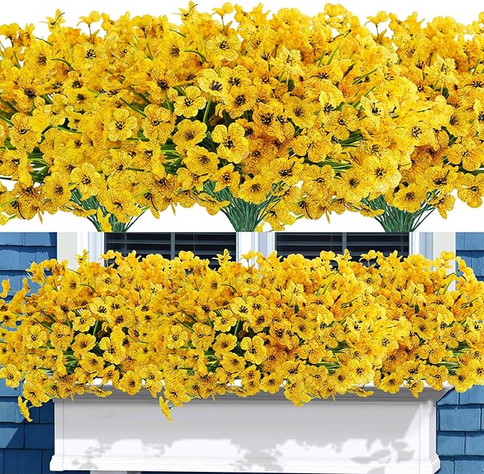 Uieke 16PCS Artificial Flowers for Outdoors UV Resistant No Fade Yellow Fake Flowers for Outside Home Garden Porch Window Box Home Summer Fall Décor (Yellow)