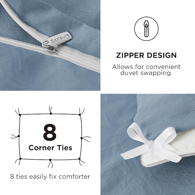 Bedsure Duvet Cover Queen Size with Fitted Sheet - 4 Pieces Prewashed Cotton-Like Extra Soft Bedding Set, Includes 1 Duvet Cover 90x90 Inches, 2 Pillow Shams, 1 Fitted Sheet, Mineral Blue