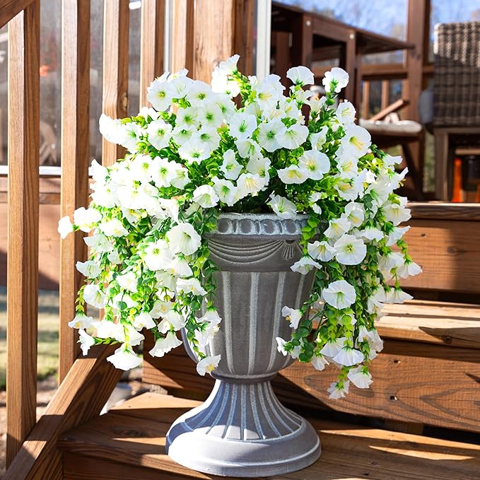 Ivydale 2 PCS Artificial Hanging Flowers Fake Plants Outdoor,Silk Morning Glory Faux Flowers with Eucalyptus Leaves,UV Resistant Realistic Mums Hanging Petunias Plants for Home Garden Decor (Beige)