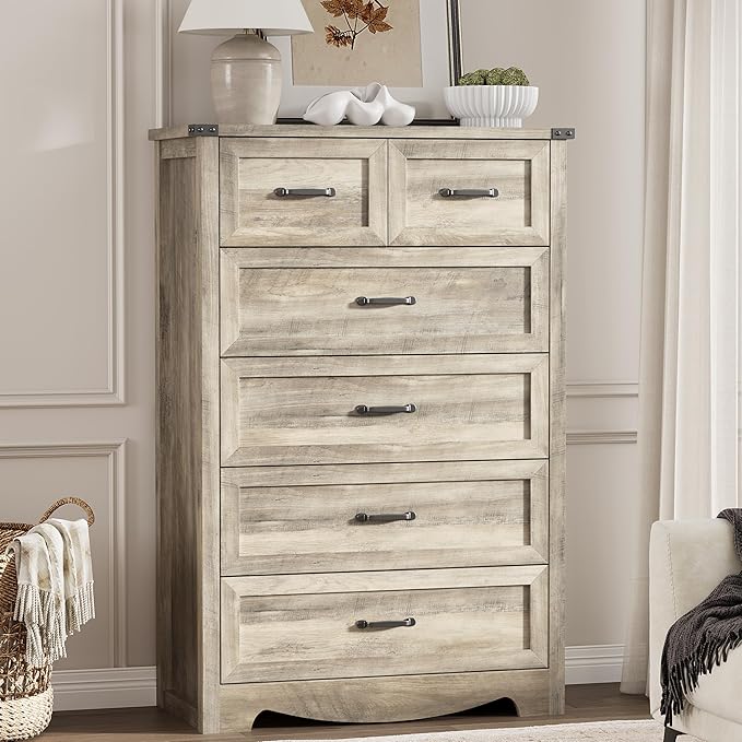 Dresser for Bedroom with 6 Drawers, 46" Tall Wood Chest of Drawers with Deep Drawers & Mental Handle, Modern Dresser TV Stand, Wooden Closet Storage Organizer for Living Room, Hallway, Entryway, Grey