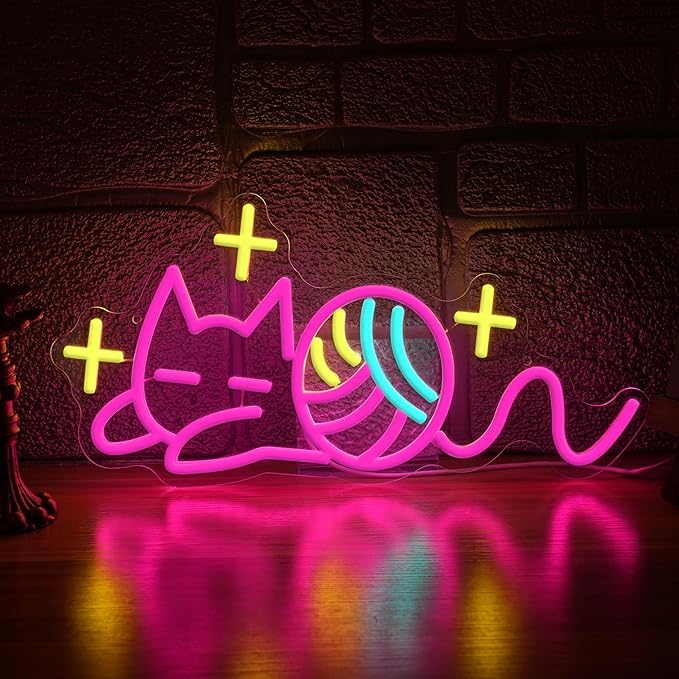 Star Cat Neon Sign with Dimmer Switch,Colorful Ball Neon Light Pink Cat Light up Sign for Bedroom Kids Room decoration (16.54 * 8.27In)