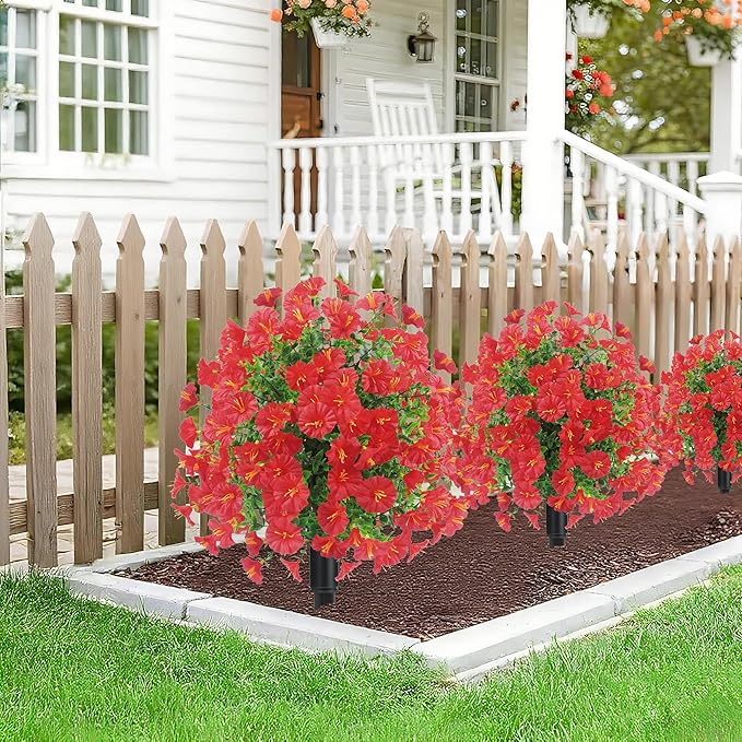 22.8" Set of 2 Fall artificial Boxwood topiary Ball tree for outdoors with Spike,UV Resistant Faux Shrubs Outdoor with morning glory flowers,Faux Plants Bushes for Garden Porch Yard Patio Decor(Red)