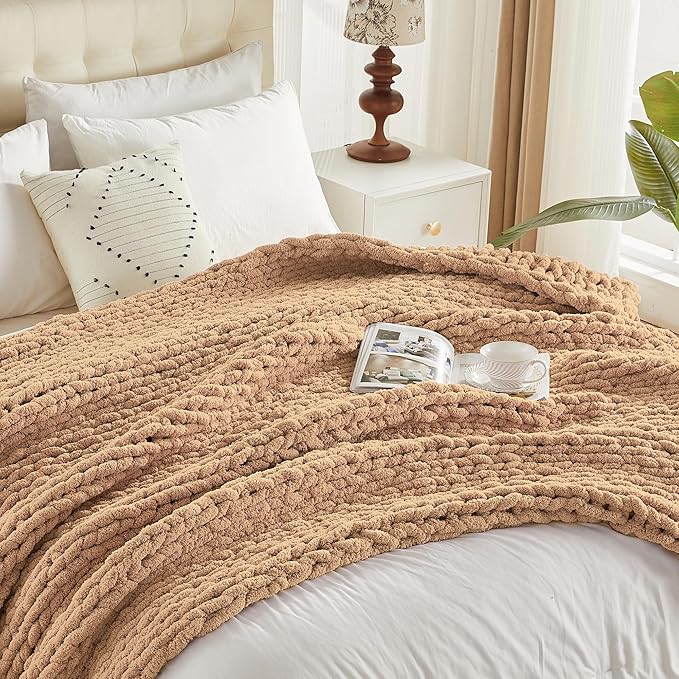 Carriediosa Chunky Knit Throw Blanket 60" X 80" Twin, 100% Hand Made Large Chenille Loop Yarn Soft Fluffy Throws for Couch Sofa Bed, Big Crochet Cozy Heavy Thick Cable Woven Blankets, Tan Brown