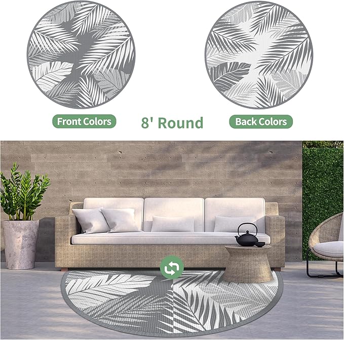 GENIMO Outdoor Rug 8' Round Waterproof for Patios Clearance, Reversible Outdoor Plastic Straw Camping Rug Carpet, Large Area Rugs Mats for RV, Camper, Deck, Balcony, Porch, Beach, Picnic, Grey&White