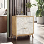 LONYKE Farmhouse 3 Drawer Dresser, White Nightstand with Handcrafted Wood Ring Motif for Bedroom, Rustic & Natural, Fully Assembled, Boho