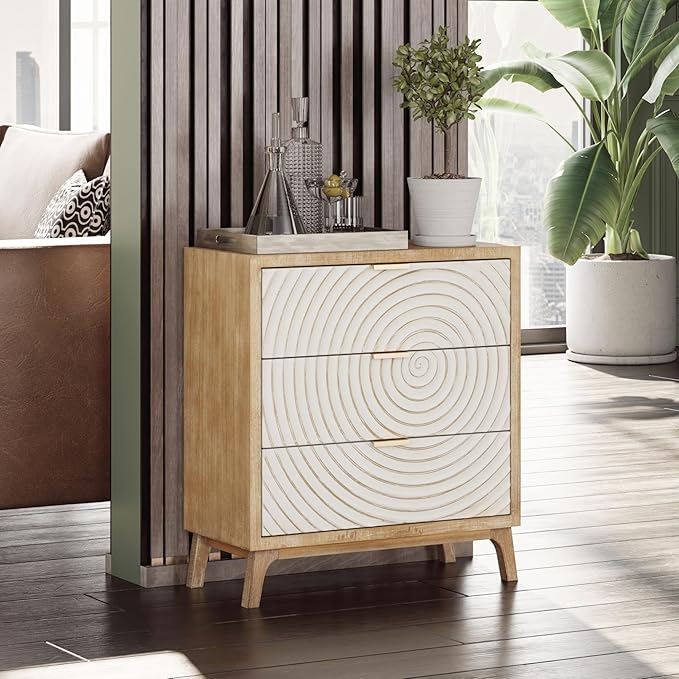 LONYKE Farmhouse 3 Drawer Dresser, White Nightstand with Handcrafted Wood Ring Motif for Bedroom, Rustic & Natural, Fully Assembled, Boho