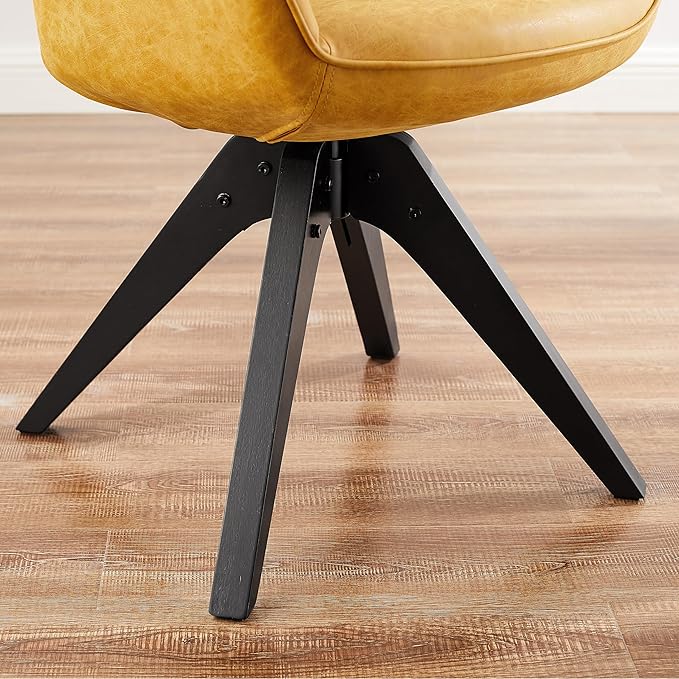 Art Leon Office Chair No Wheels, Mid Century Modern Desk Chair, Swivel Accent Chair with Oak Wood Legs, Faux Leather Upholstered Armchair for Desk, Yellow Brown