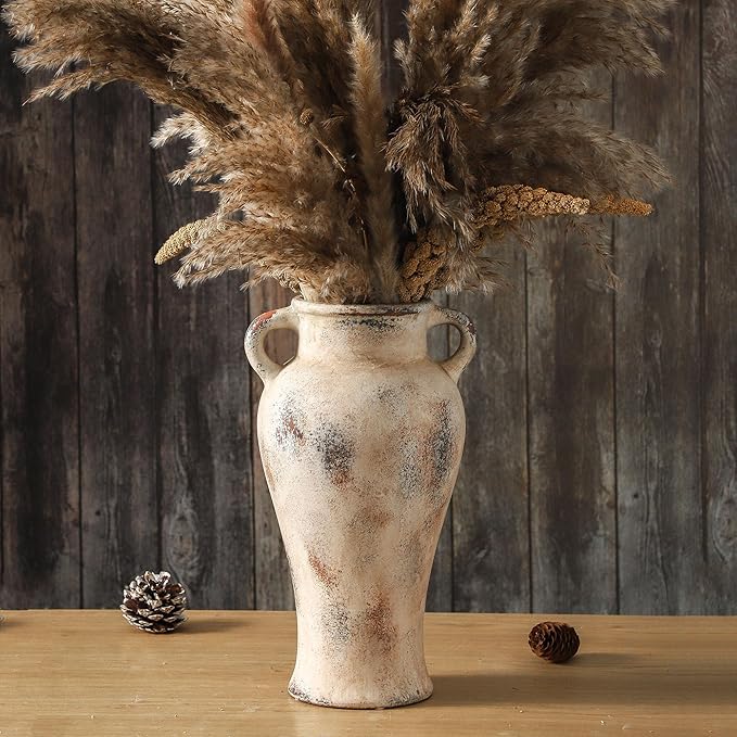 Rustic Ceramic Vase with Handle, 12.6 inch Large Handcrafted Farmhouse Decorative Pottery Vase for Table Centerpiece, Wedding Decor, or Entryway Arrangement