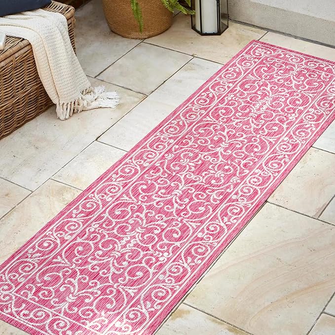 JONATHAN Y Vintage Filigree Indoor Outdoor Runner Rug 2X8 Fuchsia/Light Gray, Charleston Textured Weave for Backyard, Patio, Porch, Easy-Cleaning, Pet-Friendly, Non-Shedding (SMB106J-28)