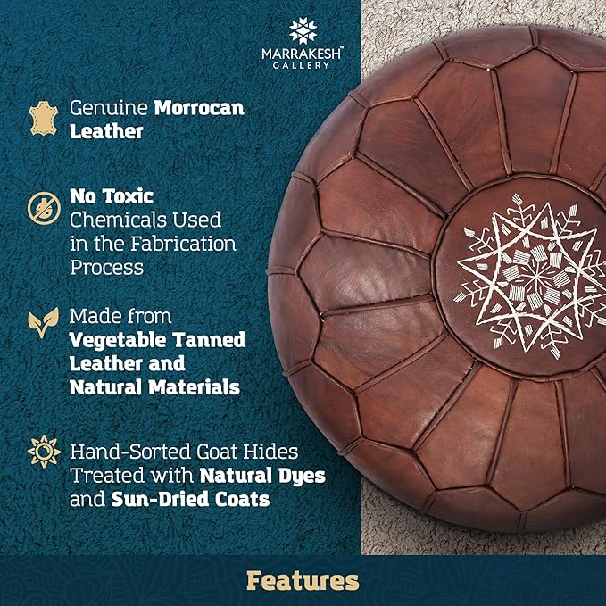 Marrakesh Gallery Genuine Leather Round Pouf Unstuffed - Moroccan Ottoman Footstool, Footrest Cover - Boho Decor - Bohemian Living Room, Bedroom, Kids Room, Gift & Wedding