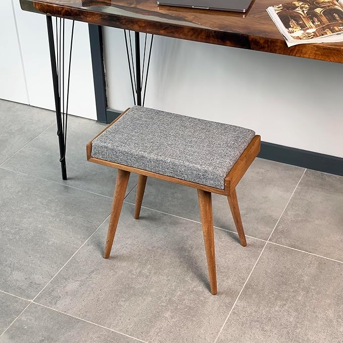 Walnut Ottoman Stool for Living Room | Upholstered in Gray Pattern Fabric | Versatile as a Piano Bench | Ideal Bedroom Bench | Functional Footstool Bench